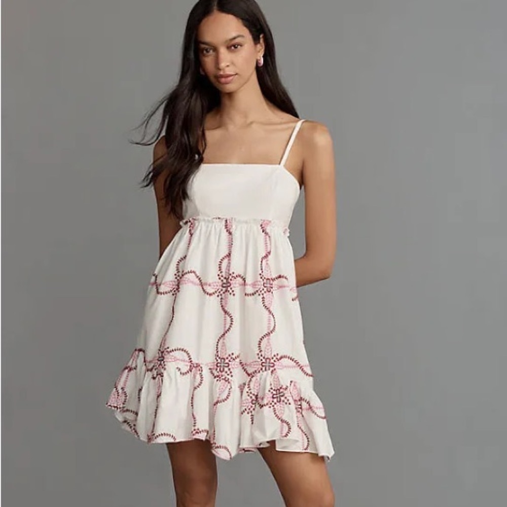 ANTHROPOLOGIE White and Pink EMBROIDERED Baby doll mini dress